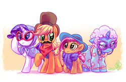 Size: 1900x1250 | Tagged: safe, artist:whitediamonds, idw, applejack, babs seed, rarity, trixie, earth pony, pony, unicorn, rarijack daily, g4, spoiler:comic, spoiler:comic22, bandana, bonnet, clothes, costume, disguise, dress, female, filly, floppy ears, foal, freckles, frown, glasses, group, hat, horn, lesbian, mare, moustache, neckerchief, open mouth, quartet, raised hoof, scarf, ship:rarijack, shipping, signature, top hat, trixie is not amused, unamused, wig