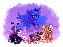 Size: 2050x1550 | Tagged: safe, artist:whitediamonds, apple bloom, applejack, princess luna, rarity, scootaloo, sweetie belle, alicorn, earth pony, pegasus, pony, unicorn, rarijack daily, g4, apple sisters, belle sisters, clothes, costume, cutie mark crusaders, eyes closed, female, filly, foal, freckles, group, horn, lesbian, mare, nightmare night, open mouth, open smile, profile, raised hoof, sextet, ship:rarijack, shipping, siblings, side view, sisters, smiling, spread wings, wings