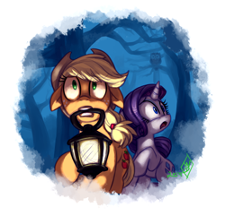 Size: 1350x1300 | Tagged: safe, artist:whitediamonds, applejack, owlowiscious, rarity, bird, earth pony, owl, pony, unicorn, rarijack daily, g4, applejack's hat, cowboy hat, duo focus, female, floppy ears, forest, freckles, hat, horn, lantern, lesbian, mare, mouth hold, nature, open mouth, outdoors, scared, ship:rarijack, shipping, signature, tree