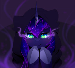 Size: 2208x2012 | Tagged: safe, artist:magnaluna, princess luna, alicorn, pony, g4, cloak, clothes, female, high res, hood, horn, looking at you, mare, slit pupils, smiling, smiling at you, solo