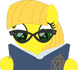 Size: 1682x1514 | Tagged: safe, artist:pure-blue-heart, oc, oc only, oc:golden color, earth pony, earth pony oc, female, female oc, glasses, green eyes, mare, mare oc, open book, pentagram, reading, simple background, transparent background, watermark