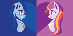 Size: 10500x5250 | Tagged: safe, artist:samoht-lion, argyle starshine, sunny starscout's mother, earth pony, pony, g5, duo, duo male and female, female, glasses, heart, heart background, husband and wife, jewelry, looking at each other, looking at someone, male, mare, medallion, necklace, smiling, stallion