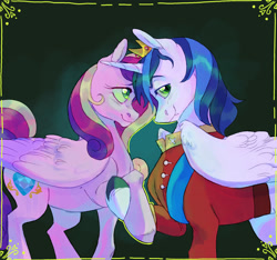 Size: 1600x1500 | Tagged: safe, artist:abbytabbys, princess cadance, queen chrysalis, shining armor, alicorn, pegasus, pony, a canterlot wedding, g4, abstract background, alicornified, alternate universe, blue mane, blushing, border, clothes, colored eyebrows, colored hooves, colored wings, colored wingtips, crown, curly mane, curly tail, disguise, disguised changeling, ear fluff, eyelashes, fake cadance, fangs, female, filigree, folded wings, holding hoof, horn, hypnosis, hypnotized, jewelry, large wings, lidded eyes, long mane, looking at someone, looking back, male, mare, multicolored mane, multicolored tail, pegasus cadance, pink coat, profile, race swap, raised hoof, regalia, role reversal, shiningcorn, shiny eyes, shiny tail, ship:shiningcadance, shipping, smiling, stallion, standing, straight, tail, tiara, two toned mane, two toned wings, unicorn horn, uniform, unshorn fetlocks, white coat, wing fluff, wingding eyes, wings