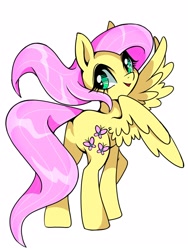 Size: 1200x1600 | Tagged: safe, artist:stacy_165cut, fluttershy, pegasus, pony, g4, big eyes, butt, colored, countershading, eyelashes, female, flat colors, green eyes, looking at you, looking back, looking back at you, mare, open mouth, open smile, pink mane, pink tail, plot, raised hoof, rear view, saturated, shiny mane, shiny tail, simple background, smiling, smiling at you, solo, spread wings, standing, tail, thin, wavy mane, wavy tail, white background, windswept mane, wing fluff, wingding eyes, wings, yellow coat