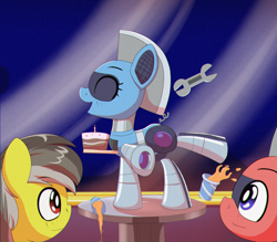 Size: 1440x1260 | Tagged: safe, artist:trackheadtherobopony, oc, oc:silverstream (robot pony), oc:thunder (fl), oc:trackhead, pegasus, pony, robot, robot pony, cake, dancing, drink, food, wrench