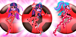 Size: 3254x1600 | Tagged: safe, artist:machakar52, sci-twi, twilight sparkle, human, equestria girls, g4, alternate hairstyle, aquabug, bodysuit, boots, clothes, cosmo bug, cosplay, costume, crossover, fins, ice skates, jewelry, ladybug (miraculous ladybug), ladybug costume, ladyice, looking at you, marinette dupain-cheng, miraculous ladybug, open mouth, pigtails, ponytail, red wings, shoes, skates, smiling, smiling at you, tiara, wings