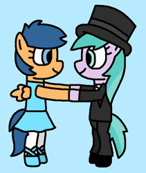 Size: 579x685 | Tagged: safe, artist:gillianthecreator36, aura (g4), first base, tap dancer, earth pony, pegasus, pony, g4, adorabase, aurabetes, ballerina, ballerina first base, ballet slippers, best friends, blue background, closed mouth, clothes, cute, cyan background, dress, duo, female, filly, foal, friends, hat, holding hands, holding hooves, lady tap dancer aura, pegasus first base, race swap, shoes, simple background, slippers, smiling, tights, top hat, tuxedo