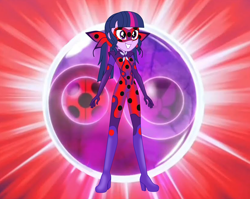 Size: 1776x1414 | Tagged: safe, artist:machakar52, sci-twi, twilight sparkle, human, equestria girls, g4, alternate hairstyle, bodysuit, boots, clothes, cosplay, costume, crossover, gloves, gradient clothes, ladyfly, marinette dupain-cheng, mask, miraculous ladybug, pigtails, shoes, smiling