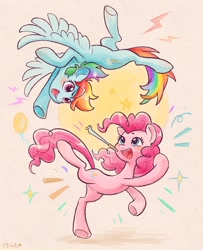 Size: 2583x3180 | Tagged: safe, artist:千雲九枭, pinkie pie, rainbow dash, earth pony, pegasus, pony, g4, duo, duo female, female, flying, mare, open mouth, open smile, party horn, smiling, spread wings, wings