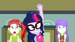 Size: 1280x720 | Tagged: safe, screencap, rose heart, sci-twi, starlight, twilight sparkle, equestria girls, g4, my little pony equestria girls: summertime shorts, subs rock, adorkable, animated, blinking, cute, dork, female, gif, twiabetes