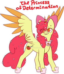 Size: 1280x1485 | Tagged: safe, artist:isaacbloom, apple bloom, alicorn, pony, alicornified, deviantart watermark, female, flower, flower in hair, grin, mare, obtrusive watermark, race swap, smiling, solo, spread wings, text, watermark, wings