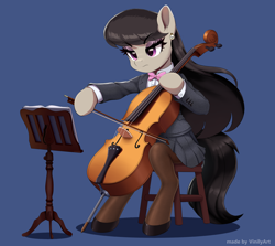 Size: 2172x1938 | Tagged: safe, artist:vinilyart, octavia melody, earth pony, pony, semi-anthro, g4, blue background, bow (instrument), bowtie, cello, cello bow, clothes, colored pinnae, ear fluff, ear piercing, earring, eyebrows, eyebrows visible through hair, eyelashes, eyeshadow, female, flowing mane, hoof hold, hoof shoes, jacket, jewelry, looking at something, makeup, mare, musical instrument, octavia is not amused, pantyhose, piercing, shadow, sheet music, shirt, signature, simple background, sitting, skirt, solo, stand, stockings, stool, thigh highs, unamused