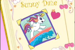 Size: 720x480 | Tagged: safe, screencap, sunny daze (g3), earth pony, pony, a charming birthday, g3, bipedal, birthday book, female, mare, open mouth, open smile, picture, ponyville surprise birthday book, scrapbook, smiling, solo, surfboard, surfing, wave