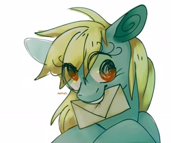 Size: 2224x1860 | Tagged: safe, artist:sunlighten_, derpy hooves, pegasus, pony, g4, cute, envelope, eye clipping through hair, female, letter, mare, mouth hold, simple background, solo, swirly eyes, white background, wingding eyes