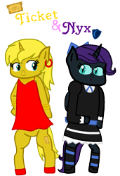 Size: 727x1065 | Tagged: safe, artist:princess-paige-place-of-fun, oc, oc only, oc:nyx, oc:ticket, alicorn, pony, alicorn oc, anarchy panty, anarchy stocking, bipedal, bow, bracelet, clothes, crossover, cutie mark, dress, ear piercing, earring, female, goth, gothic lolita, hair bow, horn, jewelry, lolita fashion, mare, necklace, panty and stocking with garterbelt, piercing, simple background, slit pupils, smiling, socks, stockings, striped socks, text, thigh highs, transparent background, wings