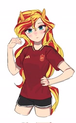 Size: 1281x2048 | Tagged: safe, artist:mlp_1121, sunset shimmer, human, g4, adidas, clothes, eared humanization, football, humanized, looking at you, shirt, shorts, simple background, solo, sports, t-shirt, tail, tailed humanization, white background