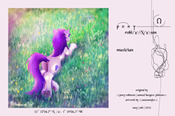 Size: 4872x3244 | Tagged: safe, artist:autumnsfur, oc, oc only, oc:glitter stone, earth pony, pony, album cover, chest fluff, coat markings, coordinates, cover art, credits, dawn, diamond, diamond cutie mark, ear fluff, earth pony oc, facing away, female, full body, grass, gray coat, gray fur, hooves, horseshoes, latitude and longitude, lineart, location, long mane, long tail, looking at something, lying down, mare, musician, outdoors, parody, ponified, pony oc, porter robinson, prone, purple hair, purple mane, rear, simple background, socks (coat markings), solo, tail, text