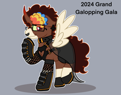 Size: 1348x1056 | Tagged: safe, artist:bluemoon, oc, alicorn, pony, boots, clothes, coat markings, collar, curved horn, dress, fishnet clothing, fishnet stockings, gala dress, glasses, grand galloping gala, horn, nose piercing, piercing, shoes, skirt, socks (coat markings), solo, spread wings, stockings, thigh highs, wings