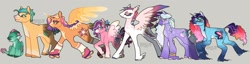 Size: 2048x528 | Tagged: safe, artist:venus_ai_, hitch trailblazer, izzy moonbow, misty brightdawn, pipp petals, sparky sparkeroni, sunny starscout, zipp storm, alicorn, dragon, earth pony, pegasus, pony, unicorn, g5, alternate color palette, alternate cutie mark, alternate design, alternate hairstyle, alternate tail color, alternate tailstyle, blue coat, blue eyes, bracelet, child, claws, colored wings, crown, curved horn, diverse body types, eyelashes, father and child, father and son, feather, female, flowing mane, flowing tail, gradient mane, gray background, green eyes, green mane, green skin, green tail, headcanon in the description, height difference, horn, jewelry, looking at you, male, mare, mohawk, multiple characters, orange coat, physique difference, pose, race swap, raised leg, rebirth misty, redesign, regalia, roller skates, signature, simple background, skates, smiling, solo, spread wings, stallion, sunnycorn, tail, two toned mane, two toned tail, two toned wings, unshorn fetlocks, white coat, wings, yellow coat, yellow eyes