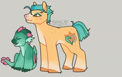 Size: 1900x1200 | Tagged: safe, artist:venus_ai_, hitch trailblazer, sparky sparkeroni, dragon, earth pony, pony, g5, alternate color palette, alternate design, alternate hairstyle, alternate tailstyle, child, claws, duo, father and child, father and son, gray background, green mane, green skin, green tail, horn, male, signature, simple background, stallion, tail, unshorn fetlocks, yellow coat