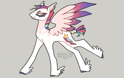 Size: 1900x1200 | Tagged: safe, artist:venus_ai_, zipp storm, pegasus, pony, g5, alternate color palette, alternate cutie mark, alternate design, alternate hairstyle, alternate tailstyle, colored wings, female, gray background, mare, mohawk, pose, signature, simple background, smiling, solo, spread wings, tail, two toned mane, two toned tail, two toned wings, unshorn fetlocks, white coat, wings, yellow eyes