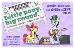 Size: 5100x3300 | Tagged: safe, artist:pedantia, apple bloom, oc, oc:front page, earth pony, pony, g4, duo, electric guitar, everfree northwest, female, filly, foal, glasses, guitar, michelle creber, microphone, musical instrument, ponified, speaker
