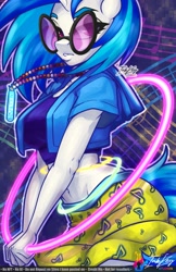 Size: 990x1530 | Tagged: safe, artist:inkkeystudios, dj pon-3, vinyl scratch, unicorn, anthro, unguligrade anthro, g4, abstract background, clothes, colored eyebrows, eyebrows, eyelashes, eyeshadow, female, glasses, glowstick, hands together, hoodie, horn, jewelry, lidded eyes, looking at you, makeup, midriff, music notes, necklace, outline, signature, skirt, solo, text, top, vinyl's glasses