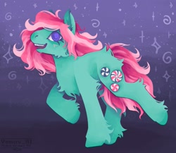 Size: 2107x1829 | Tagged: safe, artist:venus_ai_, minty, earth pony, pony, g3, blue eyes, chest fluff, cyan mane, detailed background, flowing mane, flowing tail, leg fluff, pink mane, pink tail, raised leg, running, signature, smiling, tail, two toned mane, two toned tail