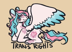 Size: 1600x1152 | Tagged: safe, artist:venus_ai_, star catcher, pegasus, pony, g3, blue eyes, female, looking at you, mare, pride, pride flag, simple background, solo, spread wings, tail, title card, transgender pride flag, two toned mane, two toned tail, wings, yellow background