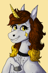 Size: 1307x2004 | Tagged: safe, artist:reamina, oc, oc only, oc:aveena, pony, unicorn, bust, chest fluff, female, horn, mare, portrait, simple background, solo, yellow background