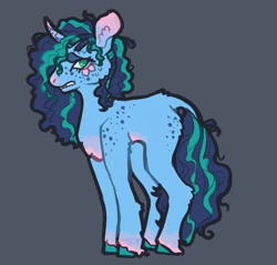 Size: 1560x1492 | Tagged: safe, artist:venus_ai_, misty brightdawn, pony, unicorn, g5, blue coat, curved horn, female, floppy ears, gray background, green eyes, horn, mare, simple background, solo, tail, two toned mane, two toned tail, unshorn fetlocks