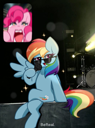 Size: 905x1207 | Tagged: safe, artist:kittyrosie, pinkie pie, rainbow dash, earth pony, pegasus, pony, bereal., crying, meme, microphone, open mouth, ponified meme, sunglasses, tears of joy