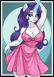Size: 1240x1754 | Tagged: safe, artist:rekheadz, rarity, unicorn, anthro, g4, arm behind head, armpits, bedroom eyes, big breasts, breasts, busty rarity, cleavage, clothes, dress, female, glowing, glowing horn, horn, mare, pink dress, smiling, solo