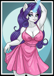 Size: 1240x1754 | Tagged: safe, artist:rekheadz, rarity, unicorn, anthro, g4, absolute cleavage, arm behind head, armpits, bedroom eyes, big breasts, braless, breasts, busty rarity, cleavage, clothes, dress, female, glowing, glowing horn, horn, magic, mare, no underwear, pink dress, sexy, smiling, solo, stupid sexy rarity, telekinesis, unicorn horn