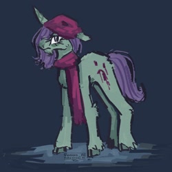 Size: 1562x1564 | Tagged: safe, artist:venus_ai_, onyx, pony, unicorn, g5, angry, clothes, eyelashes, female, frown, green coat, hat, horn, looking at each other, looking at someone, mare, markings, puddle, purple mane, scarf, unshorn fetlocks, wet, wet mane