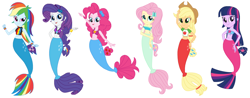 Size: 6470x2530 | Tagged: safe, artist:rebelprincess59, applejack, fluttershy, pinkie pie, rainbow dash, rarity, twilight sparkle, mermaid, equestria girls, g4, magical mystery cure, female, humane five, humane six, mermaidized, simple background, species swap, swapped cutie marks, white background