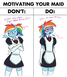 Size: 2658x3068 | Tagged: safe, alternate version, artist:moonatik, rainbow dash, pegasus, anthro, g4, apron, brainwashing, clothes, colored sketch, crossed arms, dialogue, dress, evening gloves, floating wings, gloves, goggles, hypno dash, hypnogear, hypnosis, long gloves, maid, ponytail, rainbow maid, simple background, sketch, socks, solo, tomboy taming, white background, wings