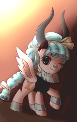Size: 1091x1713 | Tagged: safe, artist:ninkitka, cozy glow, alicorn, pony, g4, clothes, cosplay, costume, cute, fake horn, female, filly, foal, implied lord tirek, solo