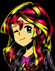 Size: 1193x1533 | Tagged: safe, artist:ninkitka, sunset shimmer, human, equestria girls, g4, black background, female, one eye closed, simple background, solo, wink