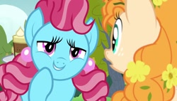 Size: 1920x1088 | Tagged: safe, screencap, cup cake, pear butter, earth pony, pony, g4, season 7, the perfect pear, cake, chiffon swirl, female, flower, flower in hair, food, lidded eyes, pear tree, smiling, teasing, tree