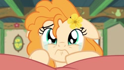 Size: 1920x1088 | Tagged: safe, screencap, pear butter, g4, season 7, the perfect pear, bedroom, crying, female, frown, hooves, pillow, solo, solo female, sparkly eyes, tears of pain, wingding eyes