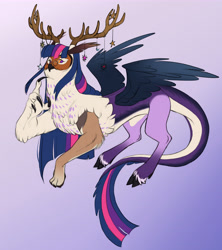 Size: 5406x6082 | Tagged: safe, artist:chub-wub, twilight sparkle, bird, draconequus, owl, g4, absurd resolution, alternate hairstyle, antlers, beak, chest fluff, claws, cloven hooves, coat markings, colored belly, colored ears, colored fetlocks, colored hooves, colored sclera, colored wings, draconequified, face fluff, feather ears, female, glasses, gradient background, gradient wings, horn, horn accessory, horns, in air, leonine tail, long mane, long tail, looking back, multicolored mane, multicolored tail, pale belly, paws, purple eyes, raised leg, requested art, round glasses, sharp claws, small glasses, socks (coat markings), solo, species swap, spread wings, straight mane, straight tail, tail, twikonequus, two toned eyes, unshorn fetlocks, wings, yellow sclera