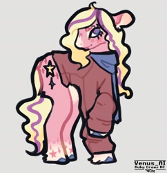 Size: 1600x1652 | Tagged: safe, artist:venus_ai_, starlight (g1), earth pony, pony, g1, alternate cutie mark, alternate design, alternate hairstyle, alternate tail color, alternate tailstyle, clothes, female, gradient hooves, gray background, mare, pink coat, purple eyes, redesign, signature, simple background, tail, two toned mane, unshorn fetlocks