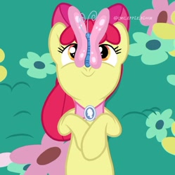 Size: 864x867 | Tagged: safe, apple bloom, butterfly, earth pony, pony, g4, the last problem, butterfly on nose, female, insect on nose, mare, older, older apple bloom, solo