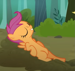Size: 515x488 | Tagged: safe, screencap, scootaloo, pegasus, pony, g4, sleepless in ponyville, belly, cropped, eyes closed, smiling, solo