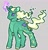 Size: 1600x1652 | Tagged: safe, artist:venus_ai_, star hopper, pony, unicorn, g1, alternate cutie mark, alternate hairstyle, female, floppy ears, flowing mane, glowing, glowing horn, glowing tail, gray background, green coat, hoof fluff, horn, leg fluff, mare, purple eyes, simple background, solo, space, tail, toy interpretation, unshorn fetlocks, yellow mane