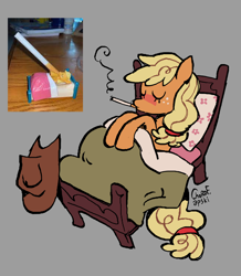 Size: 2938x3368 | Tagged: safe, artist:dartoons, applejack, earth pony, pony, g4, bed, cigarette, eyes closed, female, gray background, hat off, in bed, mare, meme, simple background, sleeping, smoking, solo, toy interpretation