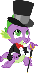 Size: 808x1556 | Tagged: safe, artist:tylerajohnson352, spike, dragon, g4, bowtie, cane, clothes, coat, cute, handsome, hat, male, necktie, ruffled shirt, scales, simple background, solo, spike's first bow tie, tail, tailcoat, top hat, transparent background, tuxedo