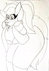 Size: 3225x4624 | Tagged: safe, artist:acid flask, derpy hooves, pegasus, anthro, 2d, bent over, big breasts, blushing, breasts, clothes, cute, female, freckles, girly, hands behind back, heart, hoodie, large butt, long hair, mare, pants, ponytail, shirt, stupid sexy derpy, tail, tongue out, traditional art