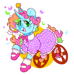 Size: 2023x2048 | Tagged: safe, artist:cocopudu, oc, oc only, oc:sherbet blossom, pony, unicorn, bowtie, clothes, confetti, dress, female, freckles, hat, horn, mare, mary janes, missing limb, open mouth, open smile, party hat, polka dots, shoes, simple background, smiling, socks, solo, white background